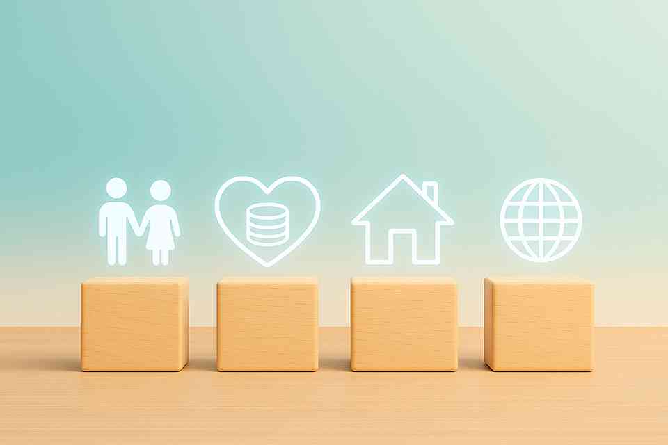 Icons zu Personen, Herz, Haus und Globus